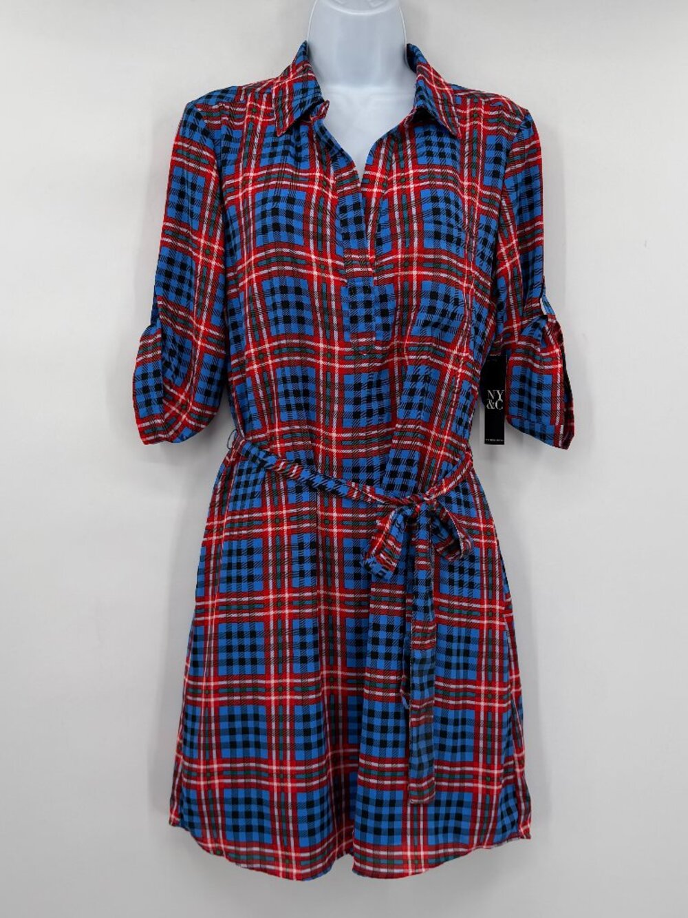 New York & Company Plaid Shirt Mini Dress Belted Tunic 3/4 Sleeve Red Blue S NWT